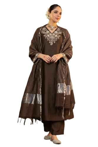 Image of Klosia Women Embroidery Solid Straight Kurta and Pant Set with Dupatta
