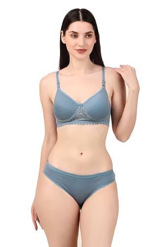 Image of Women's Cotton Lace Lingerie Set | Padded Wire-Free Comfort Bra & Panty Combo | Everyday Essentials in Nude