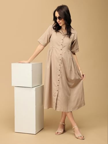 Image of The Mom Store Maternity & Nursing Midi Dress for Women | Pregnancy & Postpartum Wear | Cotton Flex Dress for New Mom | Trendy Stylish Comfortable Feeding Dress for Womens | Causal Office Formal Wear