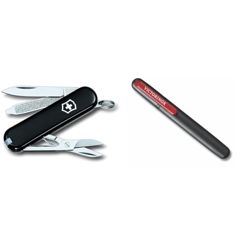 Victorinox, Classic SD, Navaja Multiuso Suiza, Cuchillo bolsillo, Regalo, 7 Funciones, Hoja pequeña & Dual One Size Afilador de cuchillos fabricado en madera y color negro/rojo