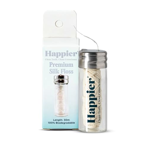 Happier Beauty - Hilo dental sin plástico, hilo dental de seda biodegradable con menta clara y cera de Candelila para un sabor fresco y una sensación de fácil deslizamiento