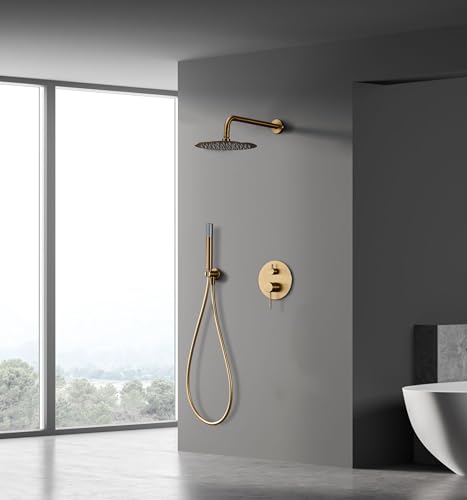 Mice - Conjunto de ducha empotrado pared Monomando de 2 vias - griferia de baño empotrado - serie Brezzo (Oro Mate)