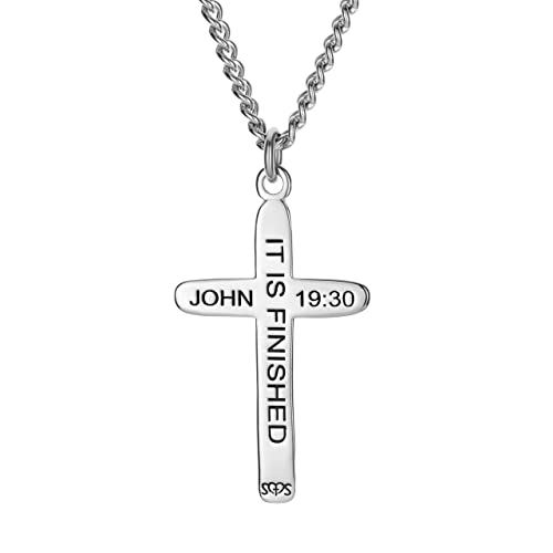 Shields of Strength Men's Stainless Steel Silver Welder Bead Cross Pendant Necklace Curb Chain John 19:30 Bible Verse Faith Scripture Christian Gifts2