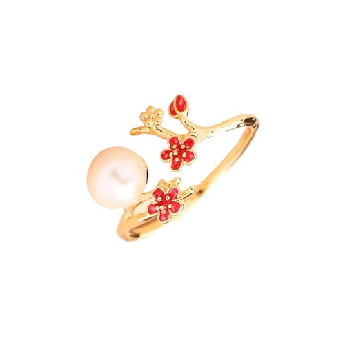 Red Plum Blossom Open Rings For Women Hypoallergenic Statement Adjustable Pearl Flower Wedding Engagement Finger Band Ring Comfort Fit Boho Birthday Valentine Day Jewelry Gifts For Her