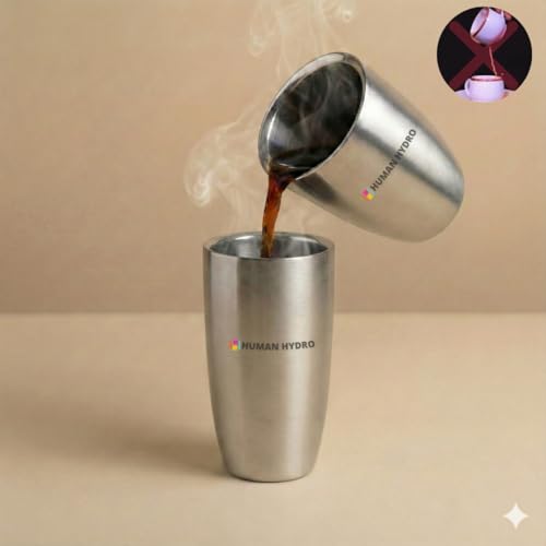 Image of Human Hydro Premium Double Wall Slim Stainless Steel Mugs | Set of 4 | 130 ml | Hot Inside & Cold Outside | Cool-Touch, Insulated Steel Mugs for Tea & Coffee
