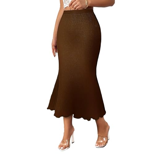 2026 Falda Midi para Mujer Punto Acanalado Fruncido Cintura Elástica Dobladillo Volantes Cola de Pez Mujer Invierno, marrón, S