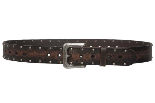 1 1/2" Snap On Perforated Studded Vintage Embossed Solid Leather Jean Belt, Brown | 38" #TOP2