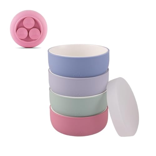 Image of Elk and Friends Kids Porcelain Bowls with Silicone Suction Sleeve + Silicone Lid | Kids/Toddler/Baby Feeding | Microwave & Dishwasher Safe | Non slip | Cereal/Soup/Snack Dishes & Dinnerware