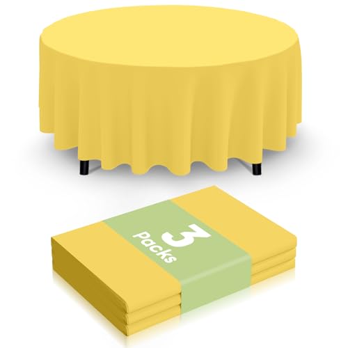 Image of Smiry Disposable Table Cloth 3 Pack, 84 Inch Round Waterproof Plastic Tablecloth, Decorative Round Table Covers for Party, Birthday, Picnic, Yellow