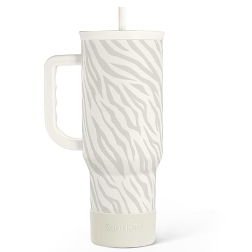 Image of SANDJEST Zebra Skin 40oz Slider Tumbler with Handle and Straw - Insulated Stainless Steel Travel Coffee Mug for Women Girls, Gift for Birthday, Christmas