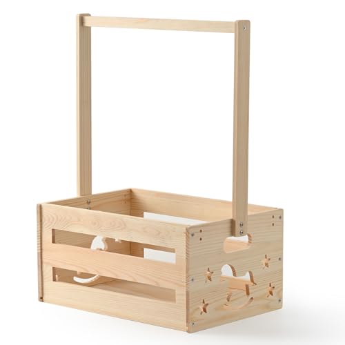 Happyiren Wooden Baby Shower Crate Closet, Baby Shower Basket Gift with Hanger Rack for New Parents, Baby Storage Basket for Boys and Girls Newborn Welcome Box Wood Color