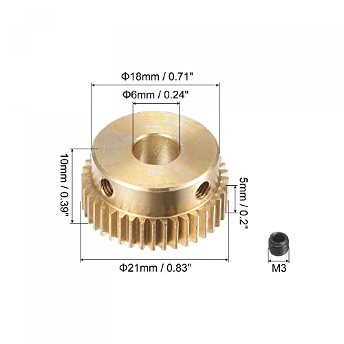 Image of uxcell Pinion Gear Set, Brass Motor Rack Straight Spur Gear with Step, 0.5 Mod 40T 6mm Bore 21mm Outer Dia, M3 Set Screws Included