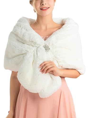 Image of Yonamix White Fur Shawl Faux Fur Shawls Wrap Winter Wedding Cape for Women
