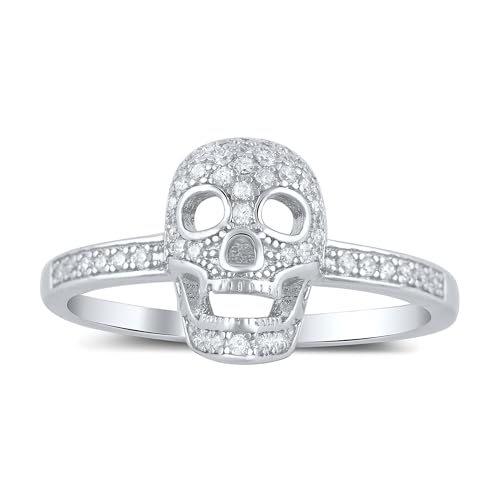 Sterling Silver Pave Cz Skull Ring (Size 4-9)
