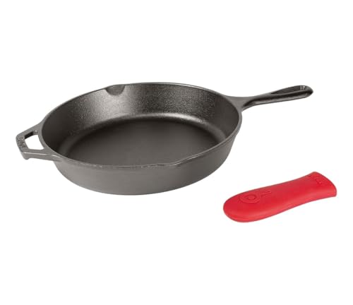 Comparison: Best Cast Iron Skillet For Camping 3 Lodge 12 Inch Cast Iron Skillet with Red Silicone Hot Handle Holder – Pre-Seasoned Frying Pan for Stove, Oven, Grill & Campfire – Made in the USA – Durable, Nonstick Cast Iron Cookware – Black