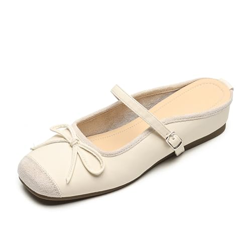 Women's Leather Inner Height Bowknot Slip-On Cap Toe Ballet Flats Closed Square Toe Comfortable Non-Slip Ankle Strap Casual Flat Pumps for Daily Shopping Traveling