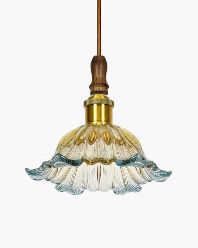 Image of Homesake Botanica Pendant Lamp | Petal Scalloped Glass Hanging Light with Solid Wood Top | Vintage European Ceiling Fixture, Pendant Light for Home Decor, Hallway, Foyer & Balcony, (Tulip, Blue)