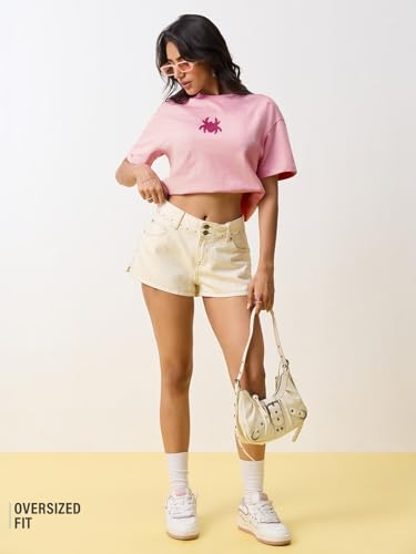 Image of The Souled Store Spider-Man: Ghost Web Women and Girls Short Sleeve Round Neck Light Pink Embroidered Cotton Breathable Streetwear Casual Everyday Trendy Oversized T-Shirts