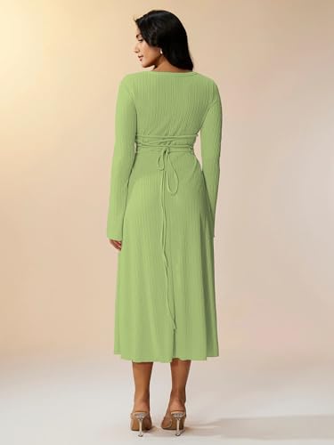 Image of Shasmi Women's Square Neck A-Line Dress - Long Sleeve, Tie Waist, Knitted Stretchable, Casual & Office Outfit, Solid Winter Midi Dress for Women (Dress 221)