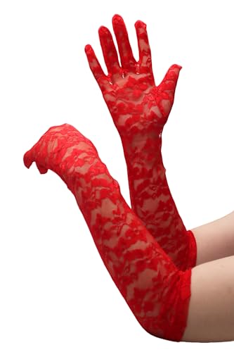 ATHX Lace Opera Tea Party Gloves for Women 19 Length Elegant Floral Bridal Wedding Prom Long Gloves Costume Accessories (Red One Size)