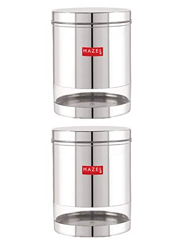 Image of HAZEL Stainless Steel Containers Set For Kitchen Storage Transparent See Through Glossy Finish Storage Jars Dabba, Set of 2, 2200 ML Each, Silver