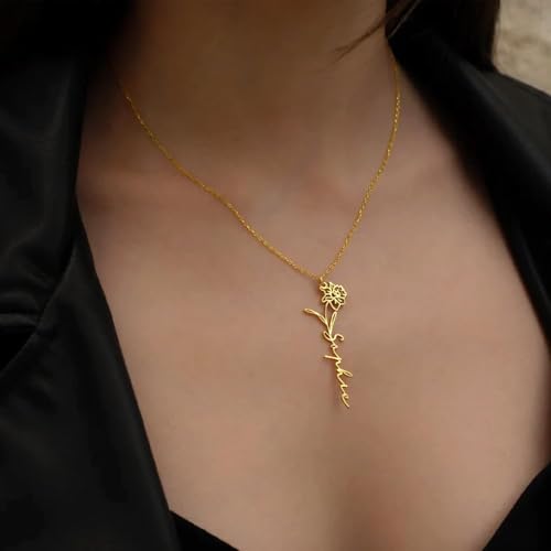 TRANGEL Custom Birth Flower Name Necklace Personalized 18K Gold Plated Birth Month Flower Necklace Dainty Floral Pendant Jewelry Mothers Birthday Gift for Women 7