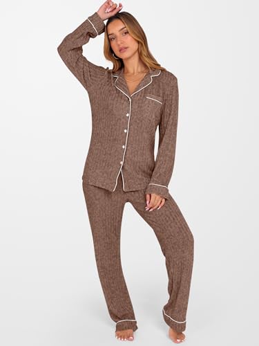 ANRABESS Women Pajama Lounge Sets 2025 Fall 2 Piece Outfits Ribbed Long Sleeve Matching PJ Set Sleepwear Loungewear3