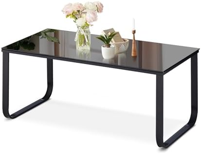 OFCASA Black Glass Coffee Table with Metal Legs Modern Design Coffee Table Storage Side Table for Living Room
