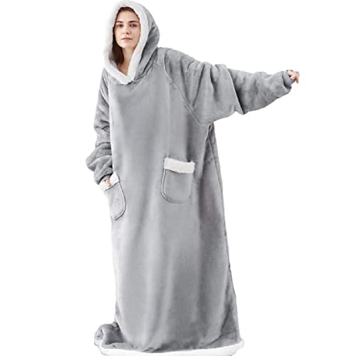 iyoimono Hoodie Decke für DamenHerren Flanell Fleece Oversized Kapuzen Pullover Sweatshirt Kuscheldecke Flauschige Sherpa TV-Decke mit Ärmeln Übergroße Tragbar Ganzkörperdecke(Hell-Grau,150cm) Cover