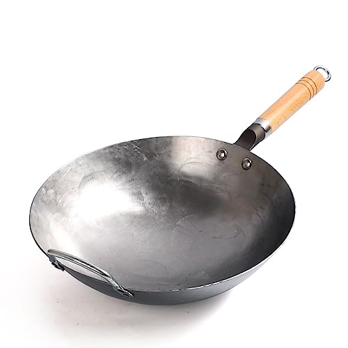 Wok de Hierro Martillado a Mano, 32 cm, Mango de Madera