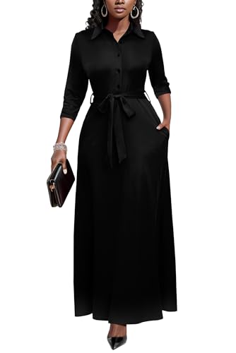Runwind Black Church Dresses for Women 2026 Maxi Button Down