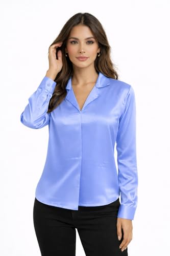 Image of Cuban Collar Cuffed Sleeves Formal Satin Shirt Style Top