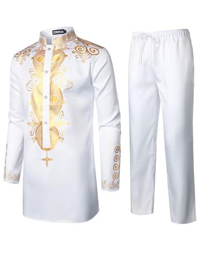 ZEROYAA Men's Africa Suit Long Sleeve Button Down Bronzing Print Shirt and Pants Outfit Traditional 2 Piece Set2