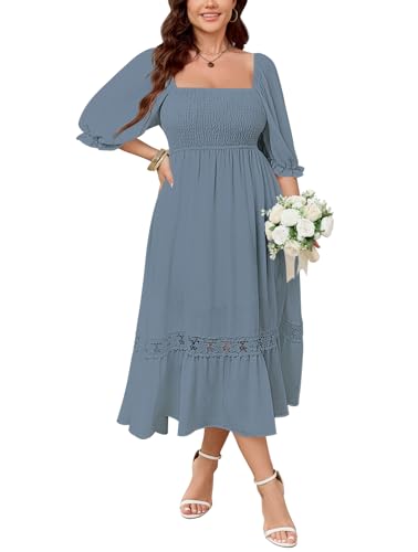Image of SCOMCHIC Women's Plus Size Boho Maxi Dress Short Sleeve Square Neck Smocked Flowy A-Line Lace Trim Wedding Guest Dresses