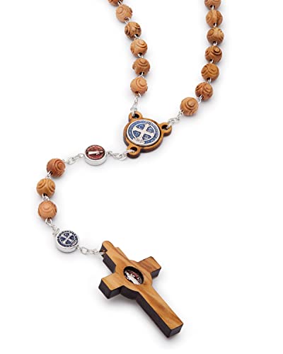 Mondo Cattolico Rosary Beads Prayer, Olive Wood Rosary with Enamel Centerpiece Medal of St. Benedict - Perfect Catholic gifts Religious2