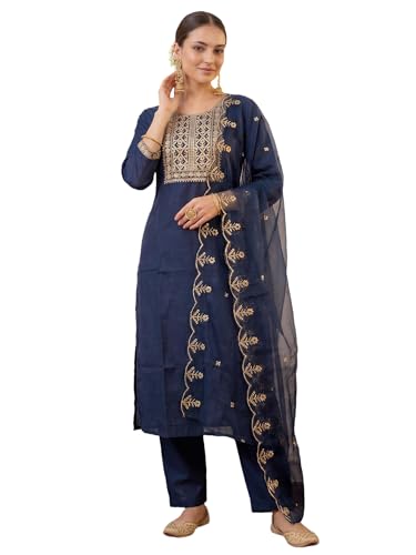 Image of INDO ERA Women's Silk Blend Floral Embroidered Thread Work Straight Kurta & Pant with Dupatta Set | Kurti Set