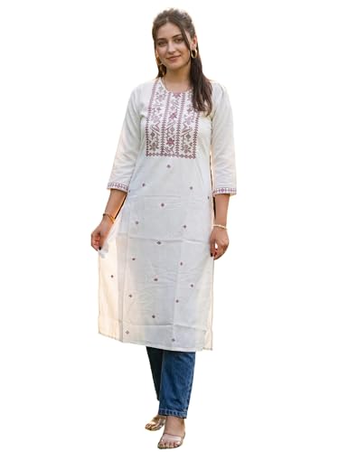 Image of INDO ERA Women's White Viscose Rayon Straight Embroidered Kurta