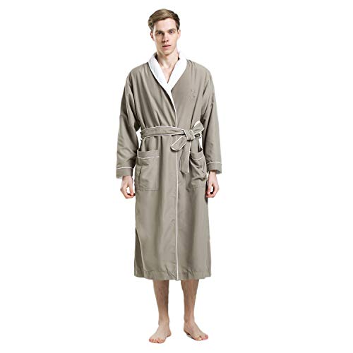LOEWS Men's SPA Robe Bathrobe - Grey Green Microfiber Shell - White Coral Velvet Lining (1), Gray Green