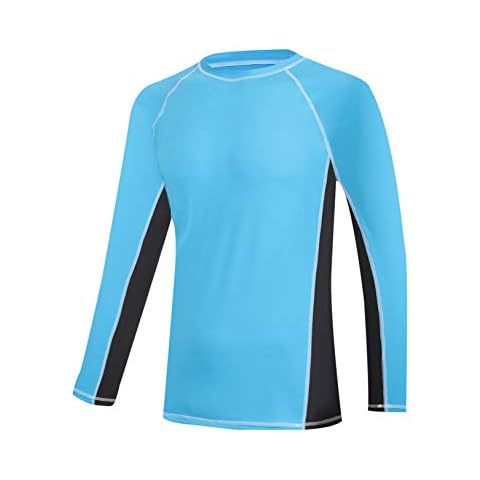TENEMT Men’s UPF 50+ Rash Guard Long Sleeves Sun Protection Swim Shirts Athletic Beach Workout Swimwear Loose Fit, Sky Blue and Grey, Large Cover