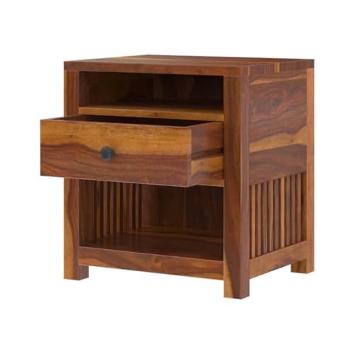 Image of Solid Sheesham Wood Bedside Table for Bedroom | Handmade Pure Wooden Bed Side Nightstand End Table with 1 Drawers & 2 Open Shelf Storage for Home & Bed Room | Rosewood, Brown