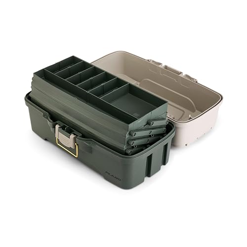 Image of Plano Three-Tray Tackle Box, Green /Tan, Rust-Proof Brass Latch, Top-Access Tray with Deep Storage, Made in the USA, Portable Fishing Gear Storage Organizer