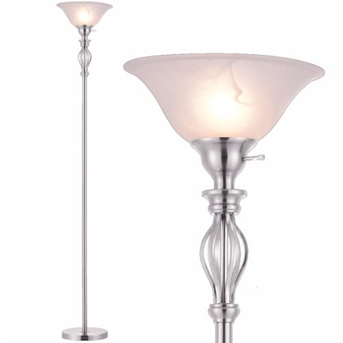 Silver Floor Lamp - Elegant Iron Scroll Silver Living Room Light - Standing Lamp For Living Room, Bedroom, Office - Durable Iron Scrollwork And Glass Construction - White Alabaster Glass Shade #TOP14