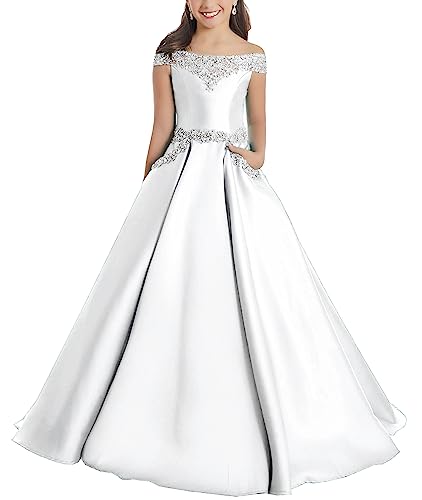 M_RAC Off The Shoulder Girls Pageant Dresses Satin Long Princess Birthday Party Dress with Pockets
