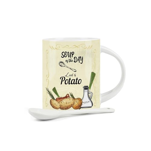 Purely Home Soup Mug and Spoon Set - Leek and Potato Soup of The Day - Ceramic White and Green Soup Mug with Spoon in Handle - Image 2