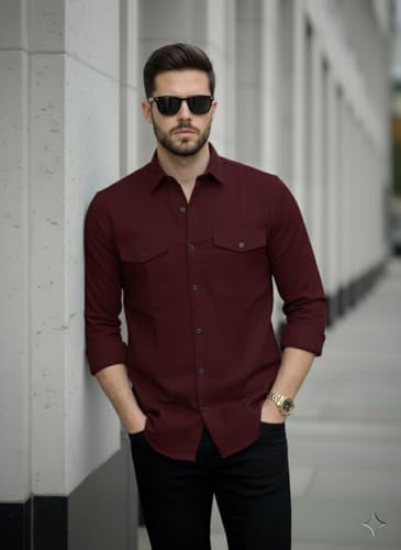 Image of DEELMO Men's Classic Cotton Blend Slim Fit Shirt || Full Sleeve Button-Down Casual Shirt with Dual Flap Pockets || Soft Breathable Fabric || Ideal for Office Party and Everyday Wear