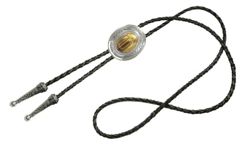 Image of Moranse Bolo Tie with Natural Tiger Eye Stone Celtic Style Genuine and Cowhide Rope
