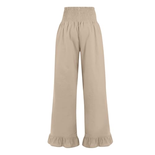 Image of Womens Linen Palazzo Pants Ruffle Hem Drawstring Boho Trousers Beach Travel Vacation Outfits