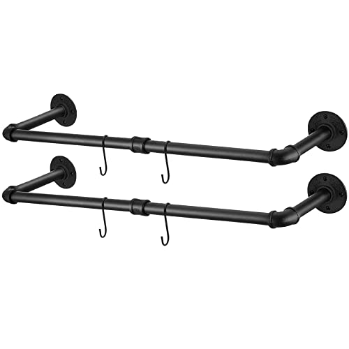 Image of C&AHOME Industrial Pipe Clothes Rack, 2 Pack Clothing Rack Wall Mount 36’'L with 4 S-Shaped Hooks, MultiPurpose Detachable Hanging Bracket Rod, Space-Saving Heavy Duty Garment Rack Bar Black UPCRM02B