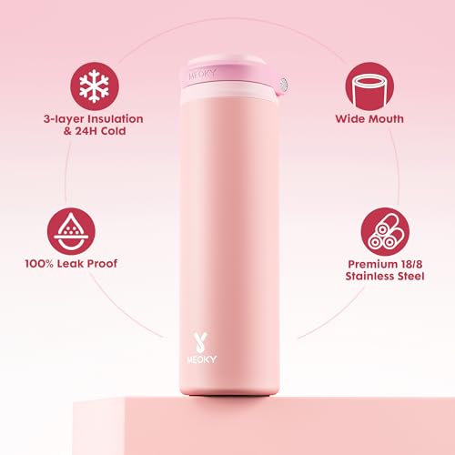 Image of Meoky 24 oz Insulated Stainless Steel Water Bottle: Flip-to-Pop Straw, Leak Proof, 24H Cold, Wide Mouth, BPA-Free, Non-slip Base, Travel Water Bottle for Women School Backpack Car, Candy