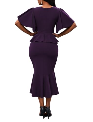 Image of Womens Summer Ruffle Short Sleeve Fishtail Dress Evening Cocktail Formal Peplum Midi Mermaid Dresses Elegant